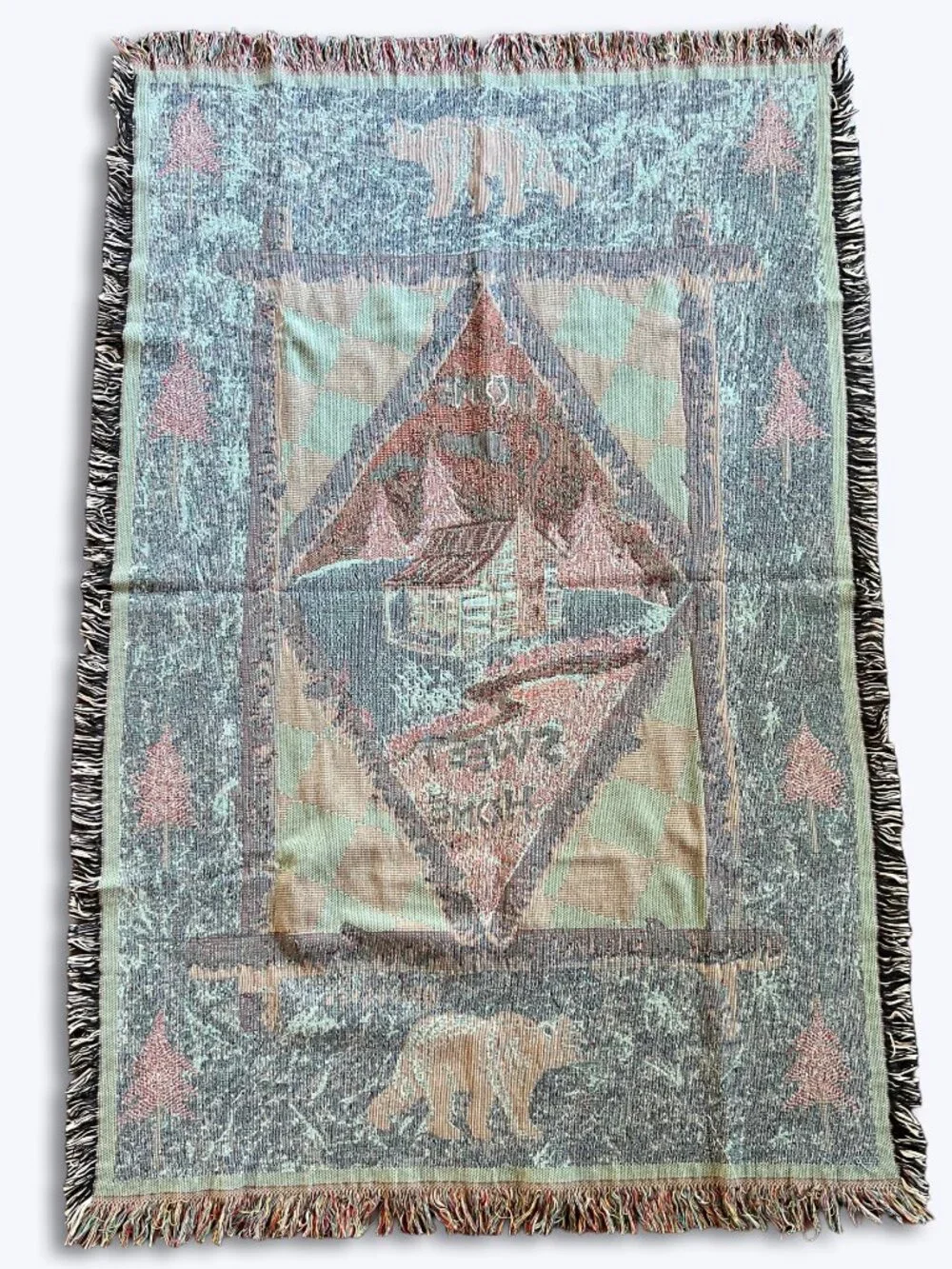 Riggsbee Vtg Home Sweet Home Tapestry Throw Blanket Cabin Bear Fringe 44x68 Lake